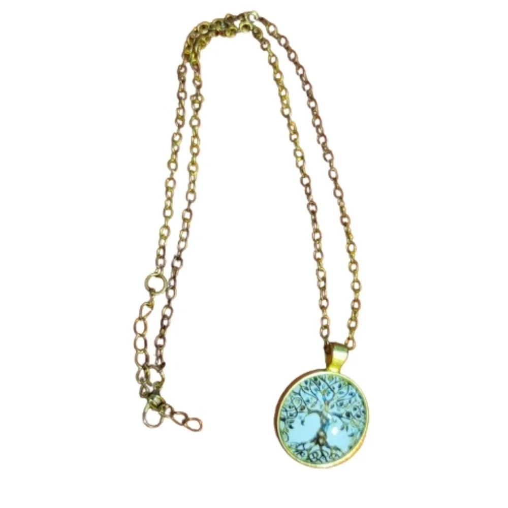 Gold Tree of Life Pendant Necklace Cabochon Statement Gift